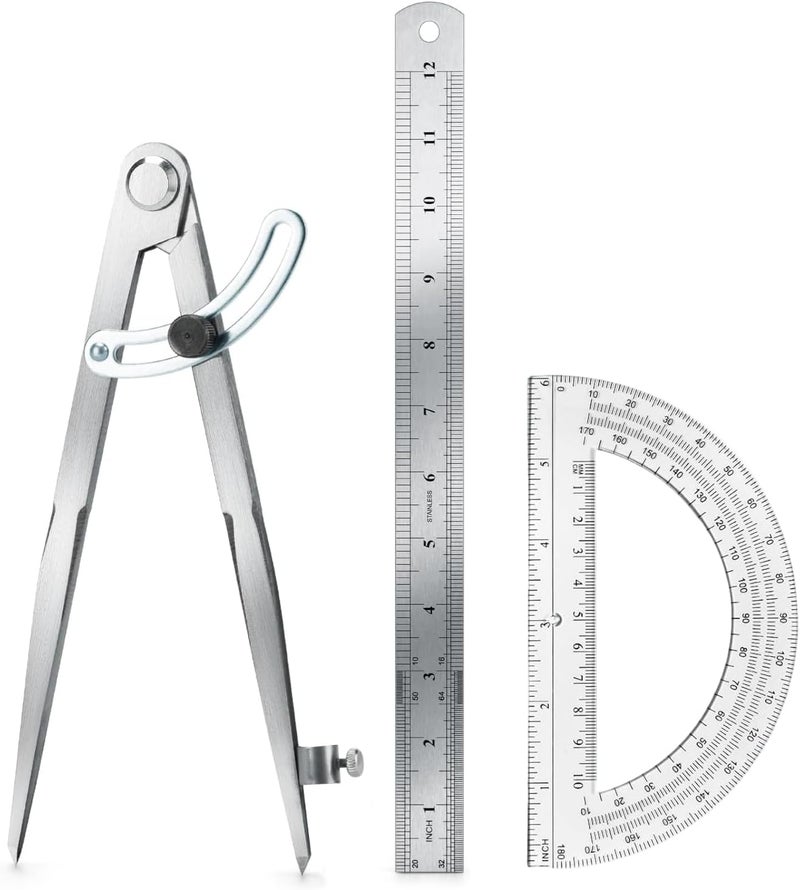 MVPower Compass Geometry Tool, Drawing Compass, Professional 12 Inch Large Compass with Wing for Woodworking, 6 Inch Protractor, 12 Inch Ruler for Carpenter, Drafting - Image 1